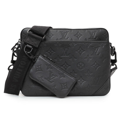 Exclusive Louis Vuitton Black Calfskin Shadow Monogram Trio Messenger — Front View