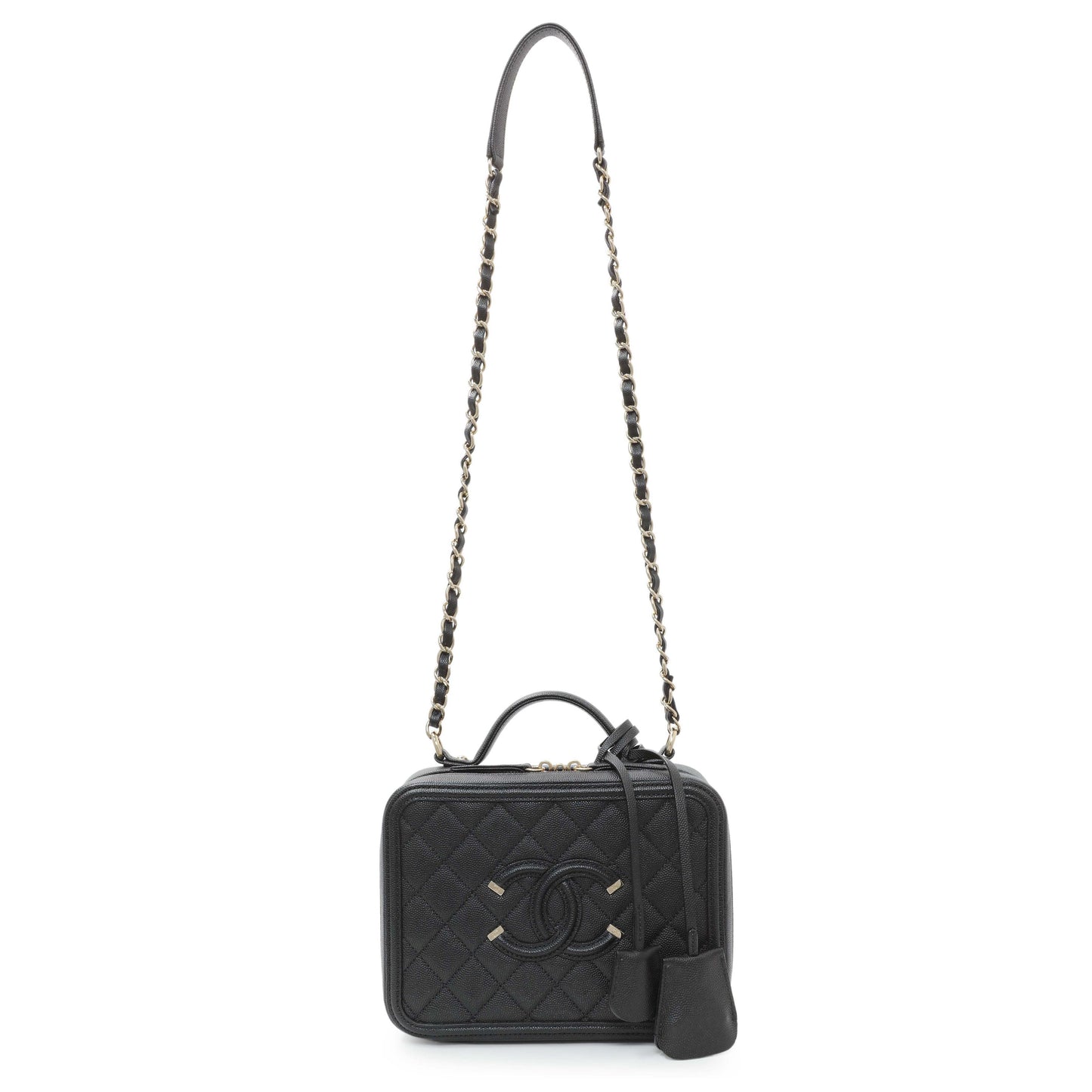 Exclusive Chanel Black Caviar Quilted Medium CC Filigree Vanity Case — Front View