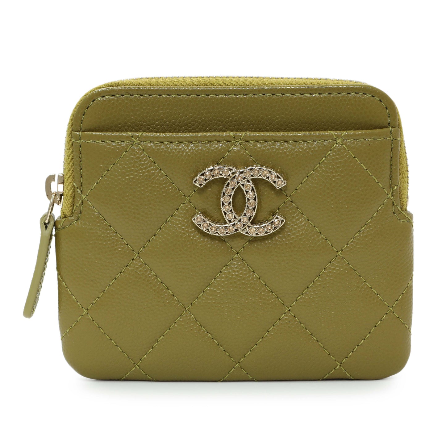 Exclusive Chanel Khaki Green Caviar Crystal CC Zipped Coin Purse — Front View