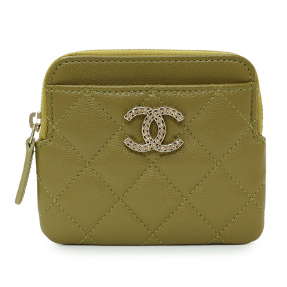 Exclusive Chanel Khaki Green Caviar Crystal CC Zipped Coin Purse — Front View