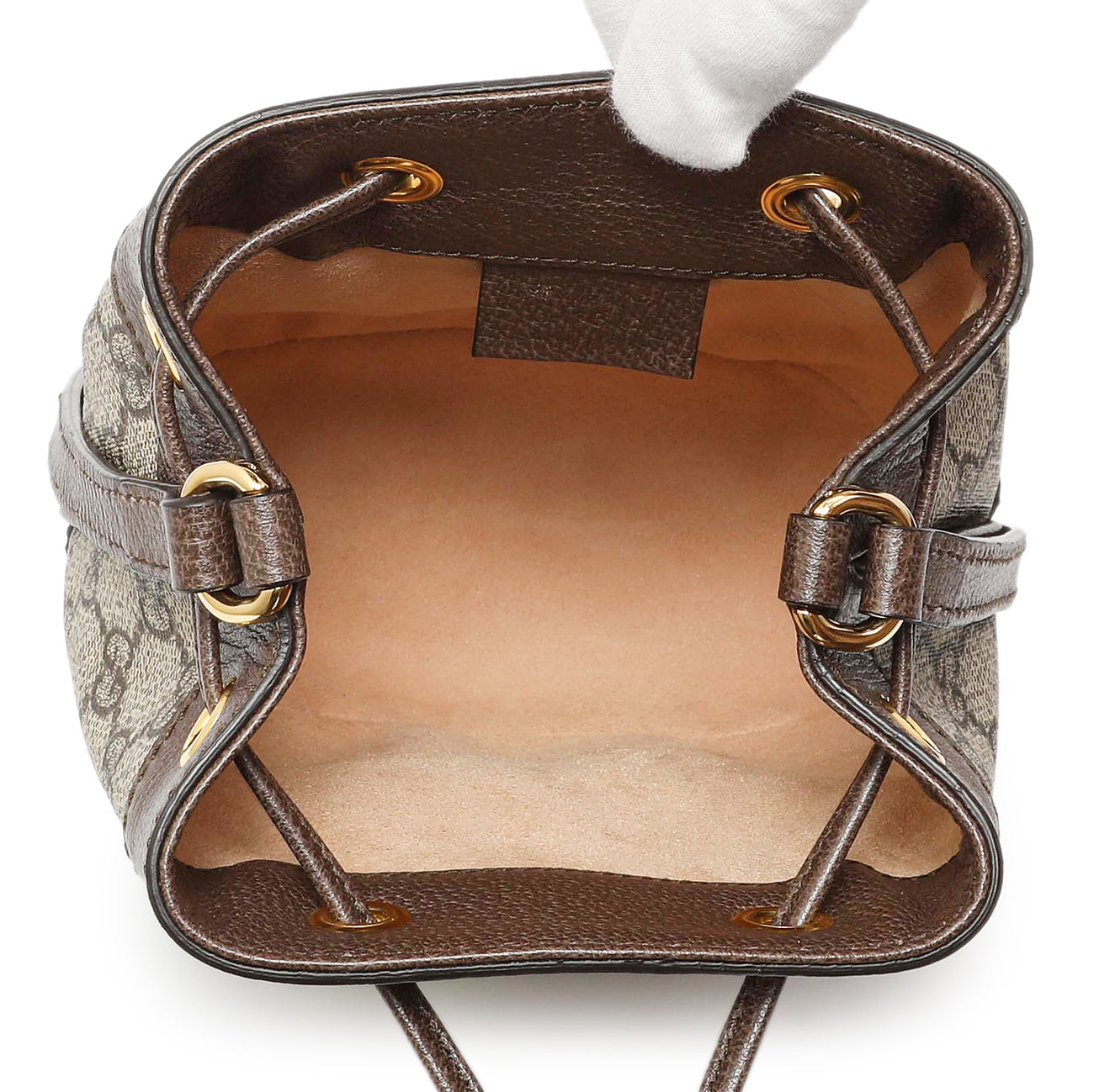 Exclusive Gucci GG Supreme Monogram Web Mini Ophidia Bucket Bag — Detail View