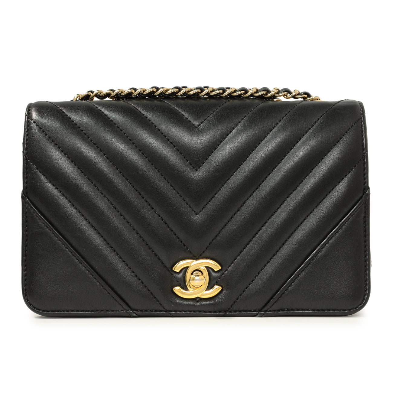 Exclusive Chanel Black Chevron Quilted Calfskin Mini Statement Flap — Front View