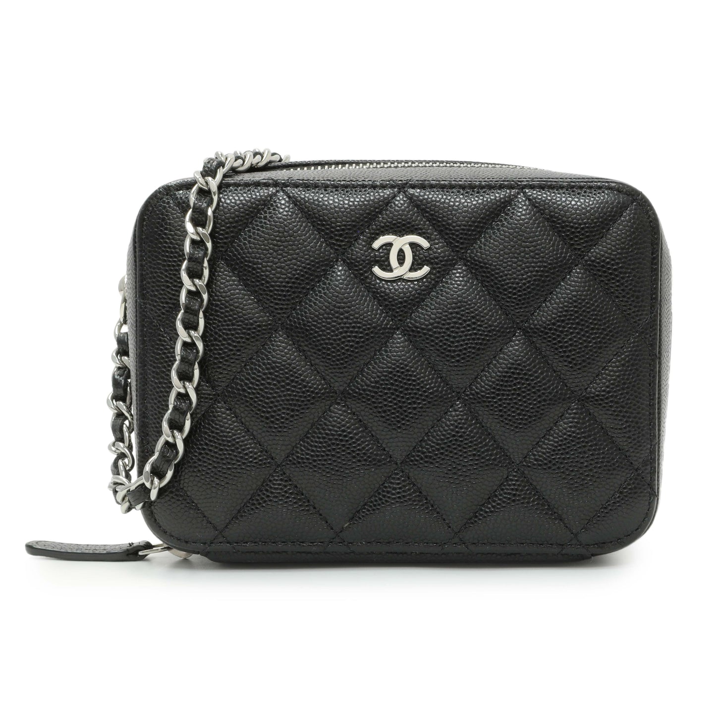 Exclusive Chanel Black Quilted Caviar CC Vanity Case with Chain — Front View