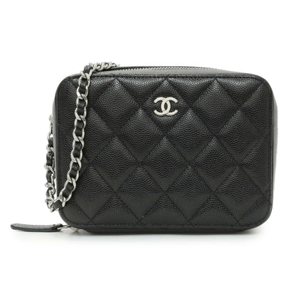 Exclusive Chanel Black Quilted Caviar CC Vanity Case with Chain — Front View