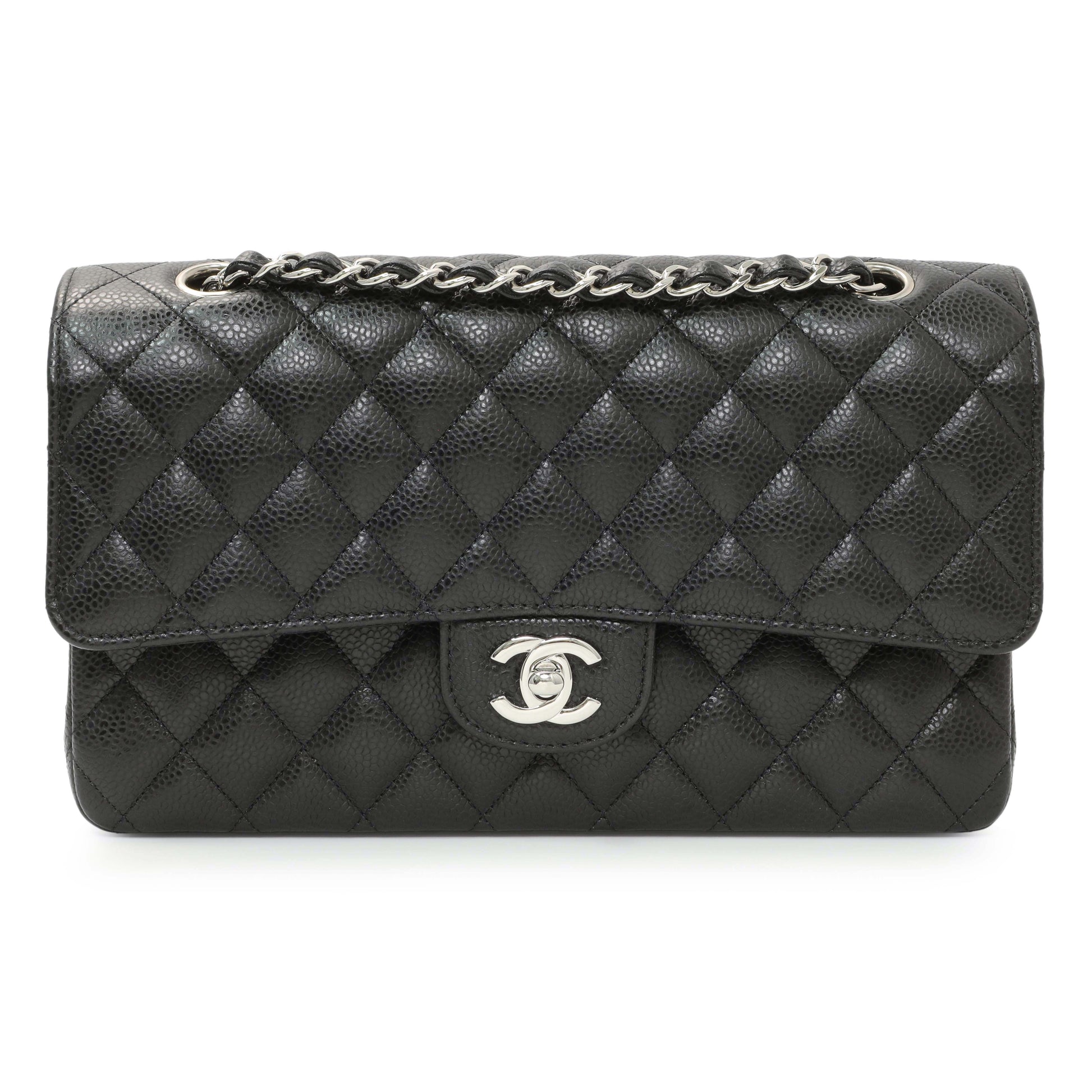 Exclusive Chanel Black Quilted Caviar Medium Classic Double Flap — Front View