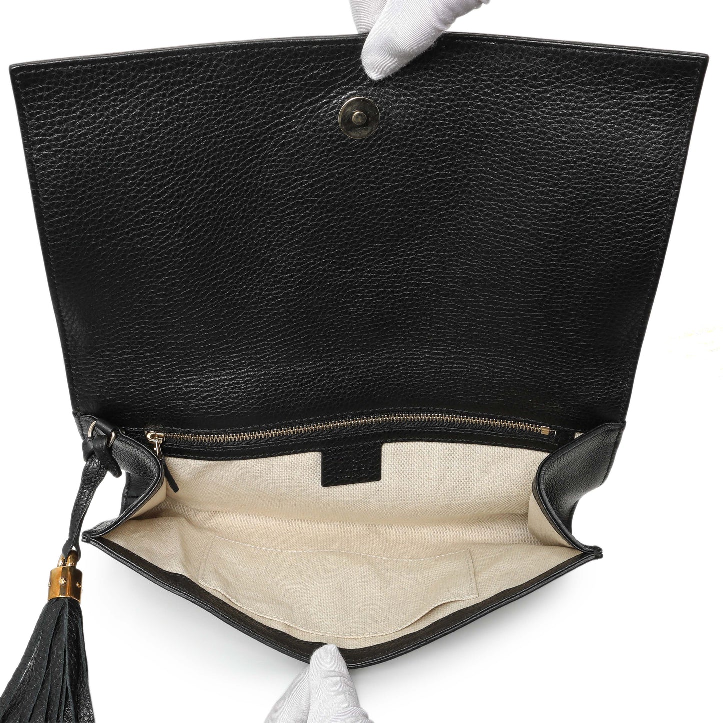 Exclusive Gucci Black Leather Medium GG Soho Tassel Clutch — Top View