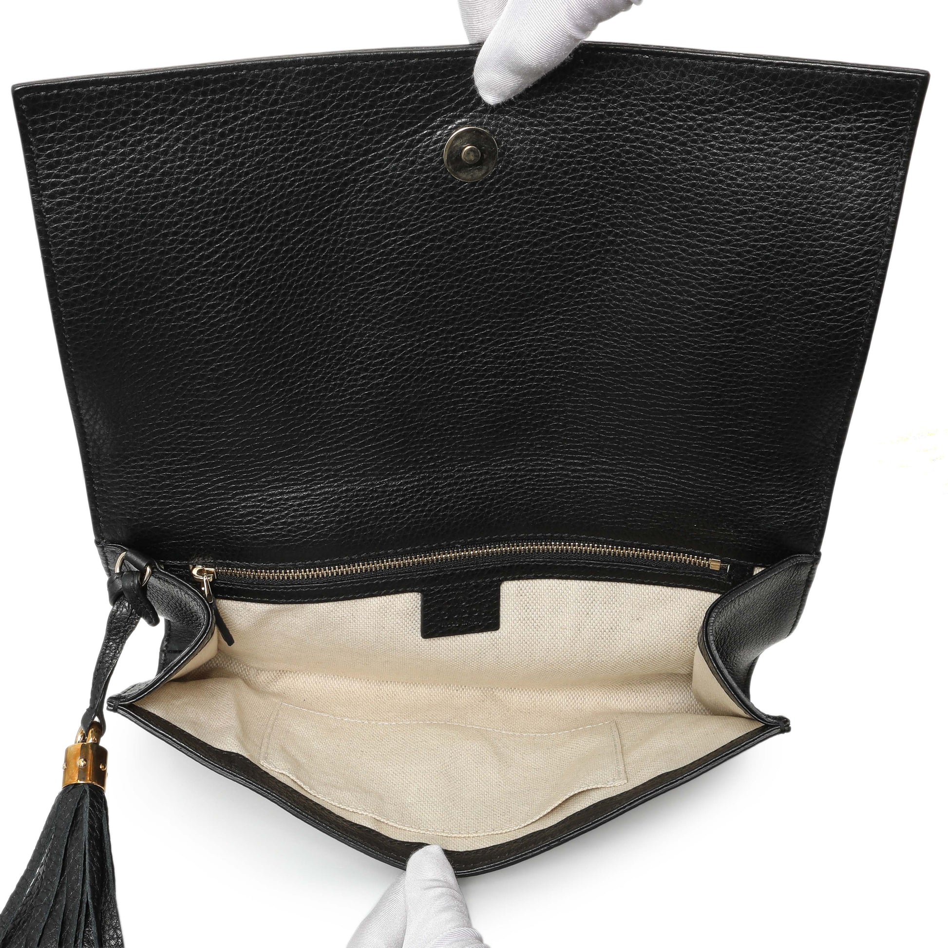 Exclusive Gucci Black Leather Medium GG Soho Tassel Clutch — Top View