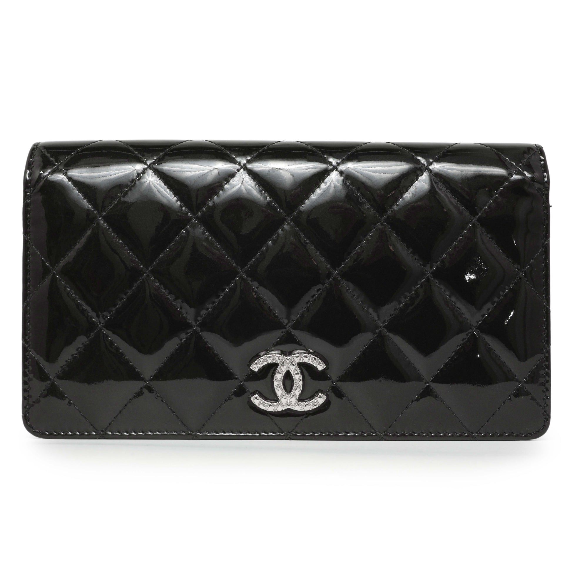 Exclusive Chanel Black Quilted Patent Yen Wallet — Front View