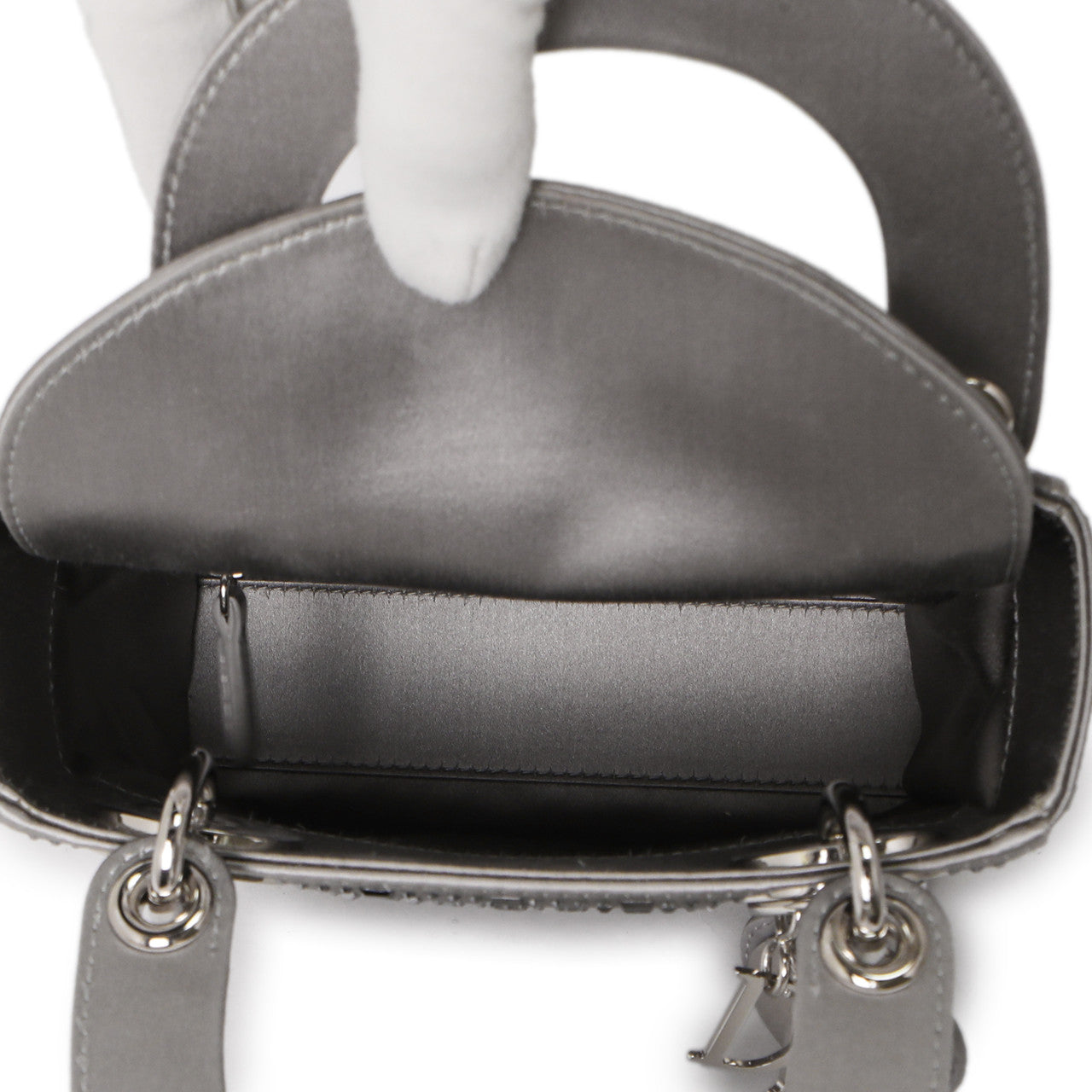 Exclusive Christian Dior Grey Satin Crystal Cannage  Mini Lady Dior — Detail View