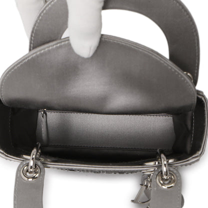 Exclusive Christian Dior Grey Satin Crystal Cannage  Mini Lady Dior — Detail View