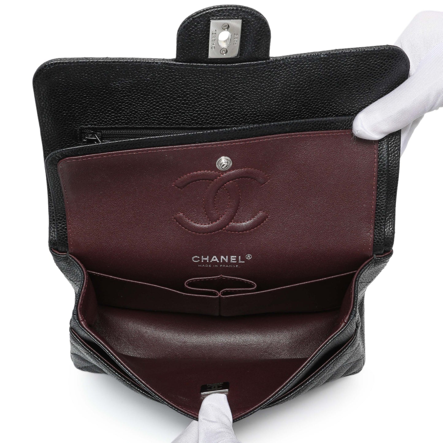 Exclusive Chanel Black Quilted Caviar Small Classic Double Flap — Top View