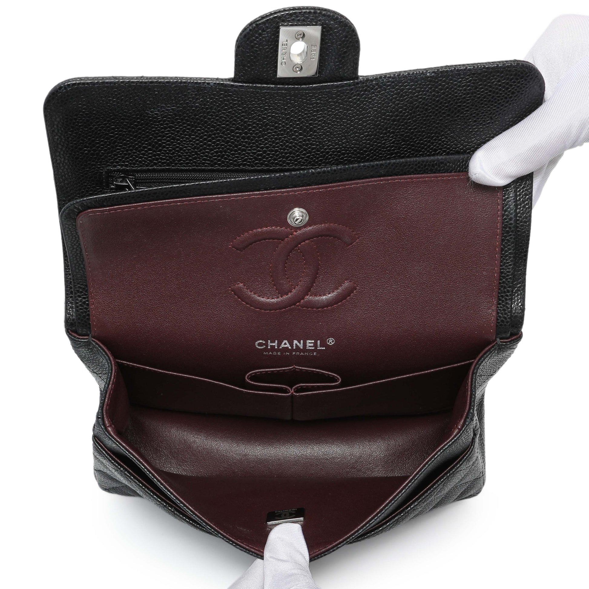 Exclusive Chanel Black Quilted Caviar Small Classic Double Flap — Top View