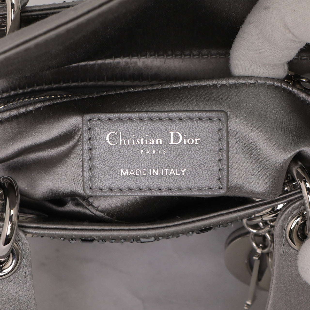 Exclusive Christian Dior Grey Satin Crystal Cannage  Mini Lady Dior — Lifestyle View