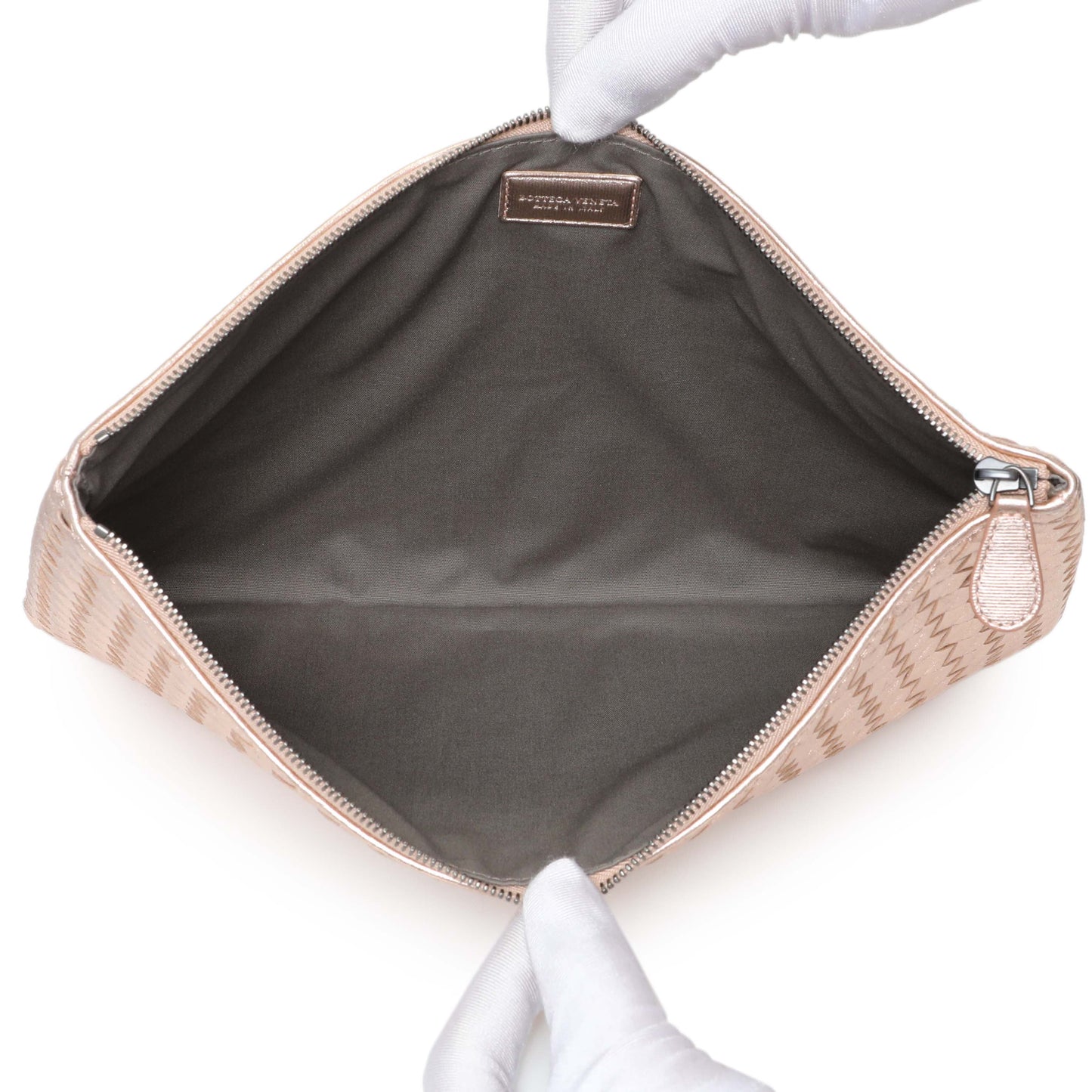 Exclusive Bottega Veneta Metallic Pink Nappa Intrecciato Zipped Flat Pouch — Top View