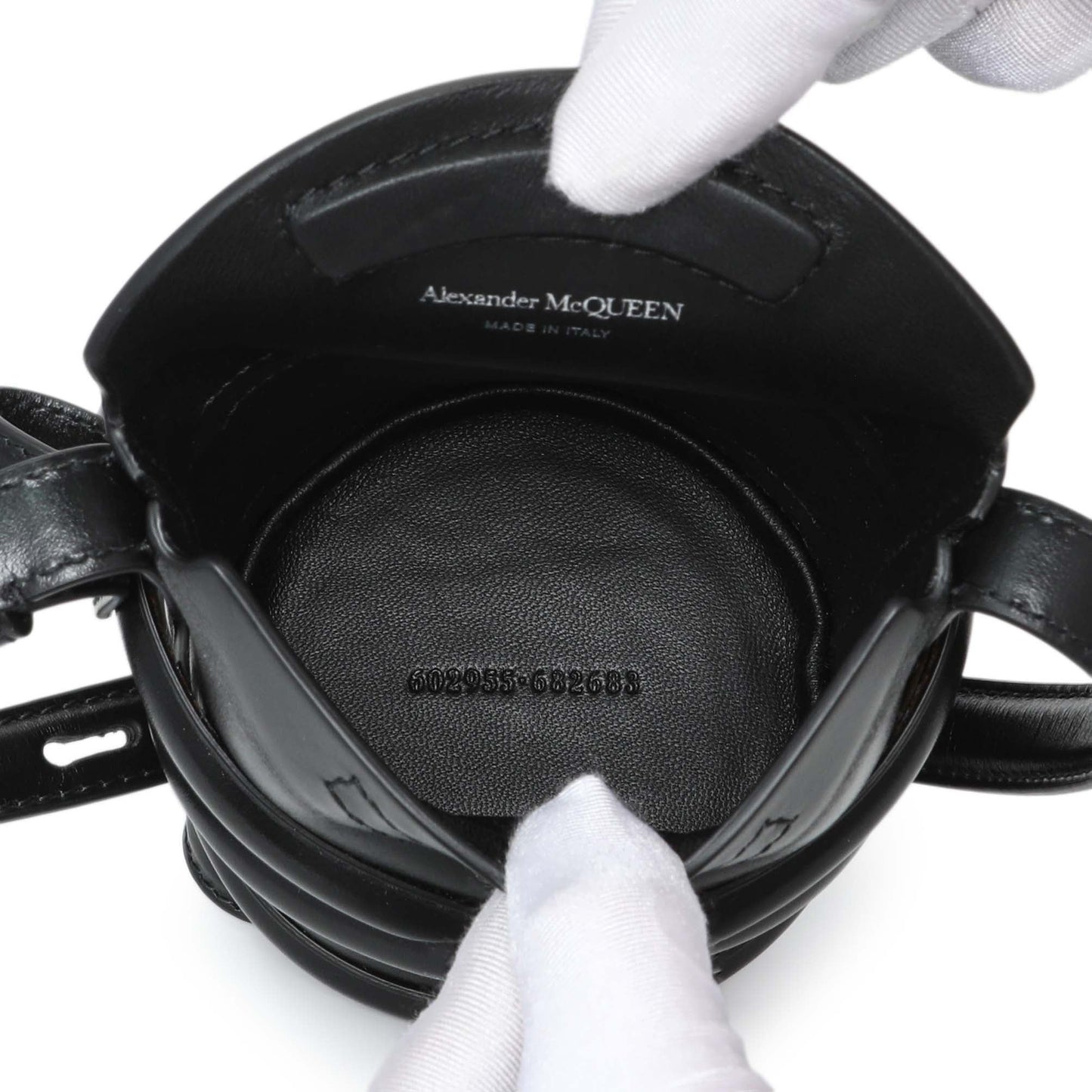 Exclusive Alexander McQueen Black Calfskin Mini Curve Bucket Bag — Detail View