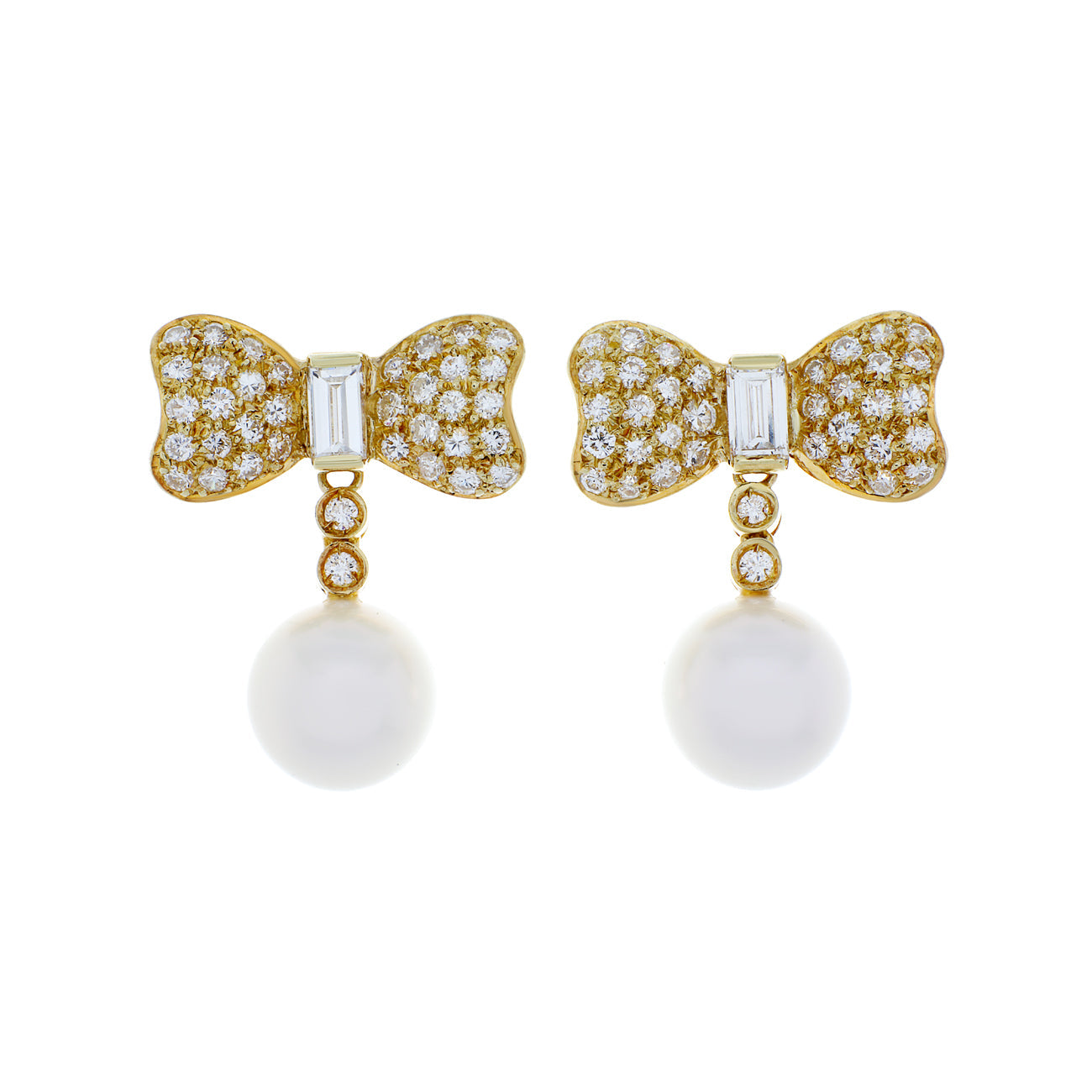 Exclusive 18K Yellow Gold South Sea Pearl Bow Earrings — Front View