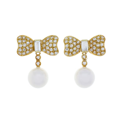 Exclusive 18K Yellow Gold South Sea Pearl Bow Earrings — Front View