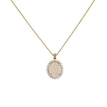 Exclusive 14K Yellow Gold 4.88 Carat Oval Cabochon Opal Diamond Pendant — Front View