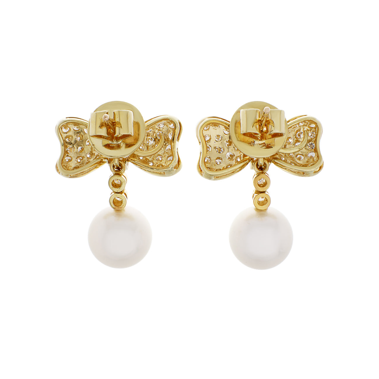 Exclusive 18K Yellow Gold South Sea Pearl Bow Earrings — Back View