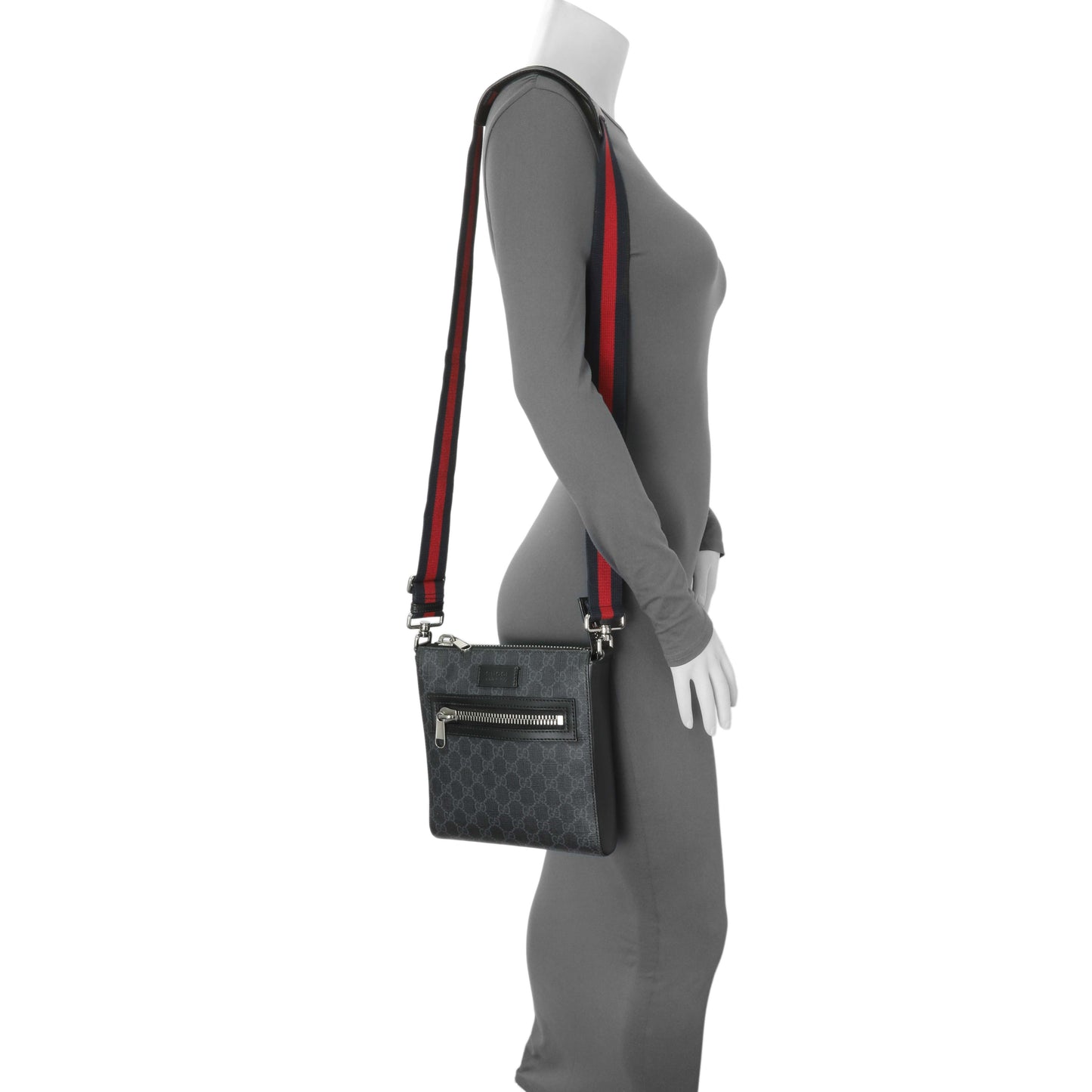 Exclusive Gucci Black GG Supreme Monogram Web Small Flat Messenger Bag — Alternate View 7