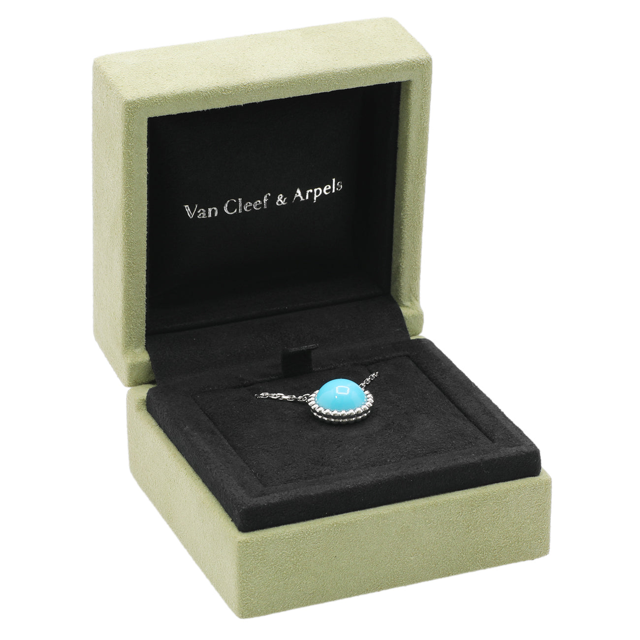 Exclusive Van Cleef & Arpels 18K White Gold Turquoise Perlée Couleurs Pendant — Lifestyle View