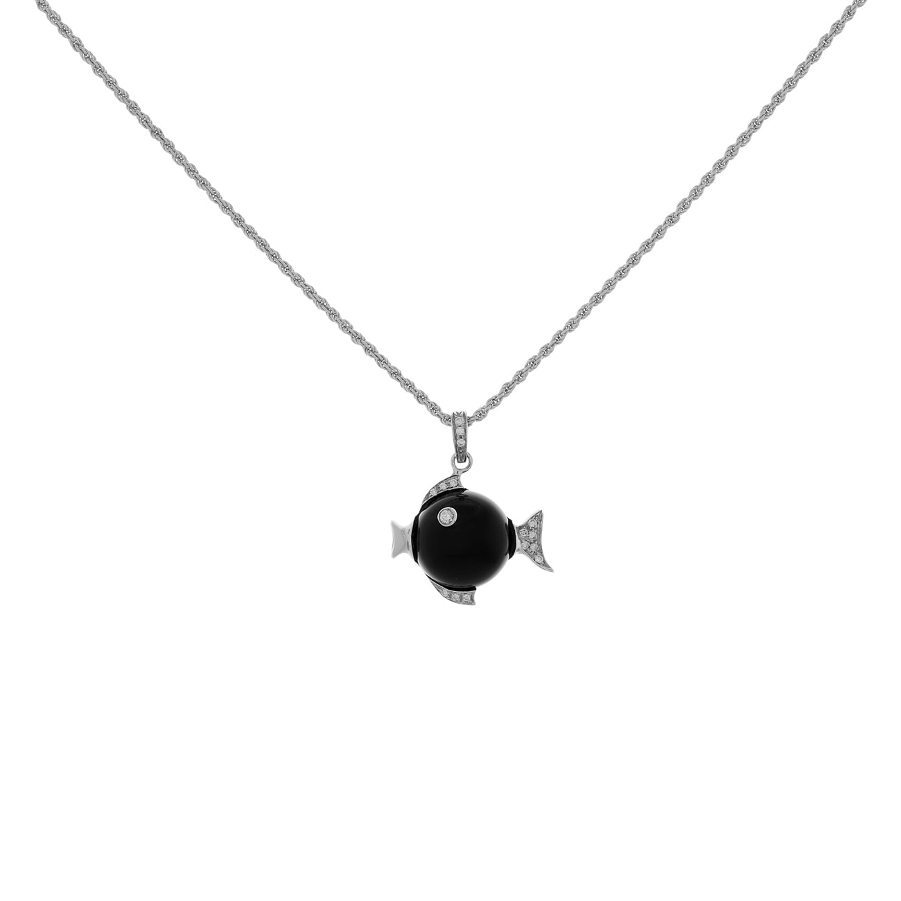 Exclusive 18K White Gold Damiani Onyx Fish Pendant — Front View