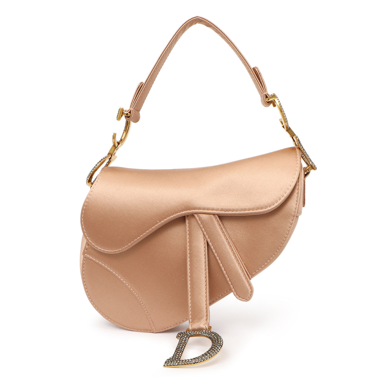 Exclusive Christian Dior Powder Beige Satin Crystal Mini Saddle Bag — Front View