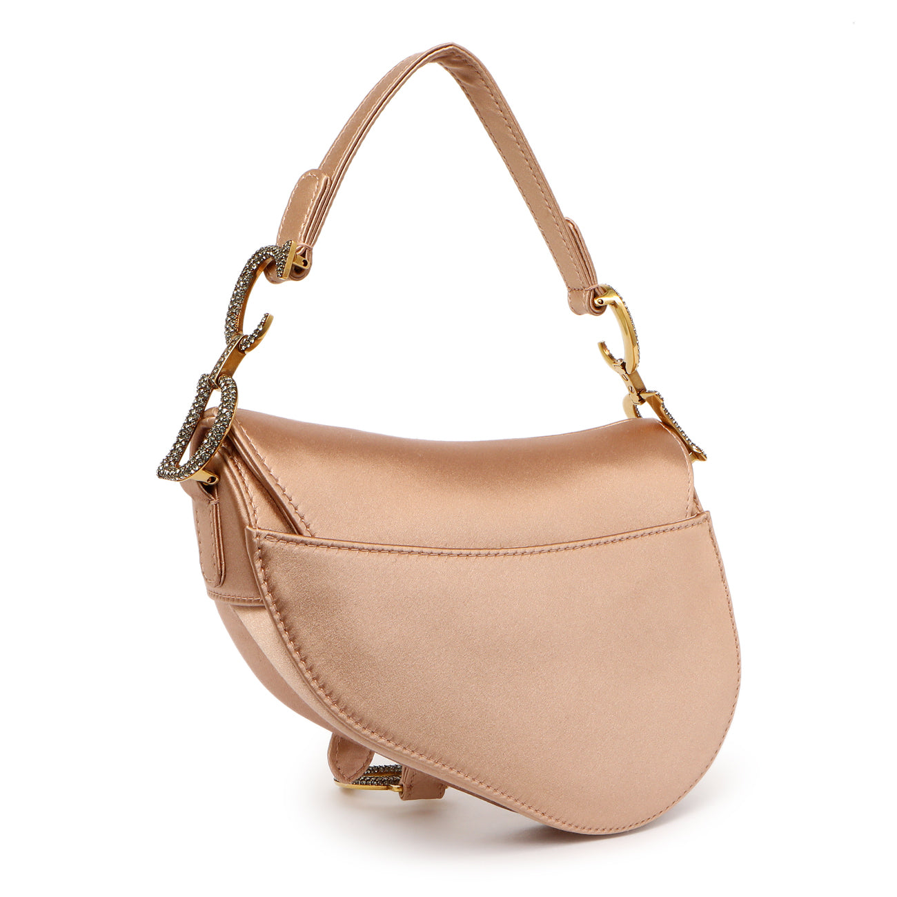 Exclusive Christian Dior Powder Beige Satin Crystal Mini Saddle Bag — Side View