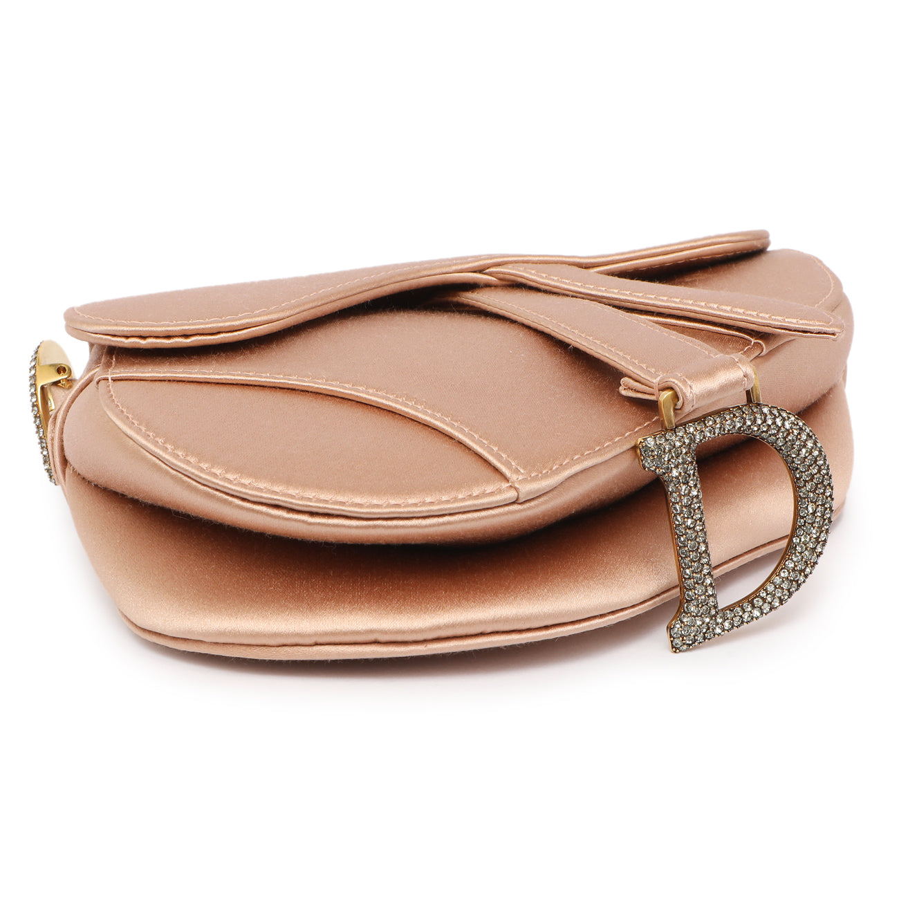 Exclusive Christian Dior Powder Beige Satin Crystal Mini Saddle Bag — Back View