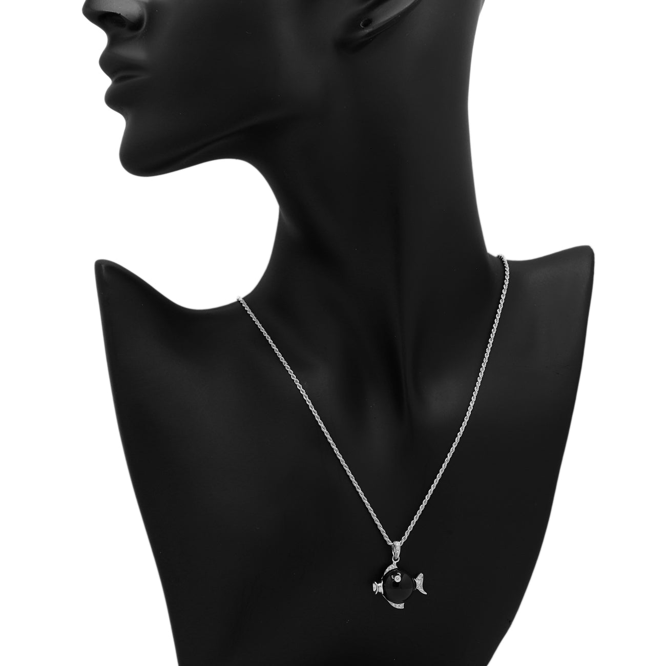 Exclusive 18K White Gold Damiani Onyx Fish Pendant — Detail View