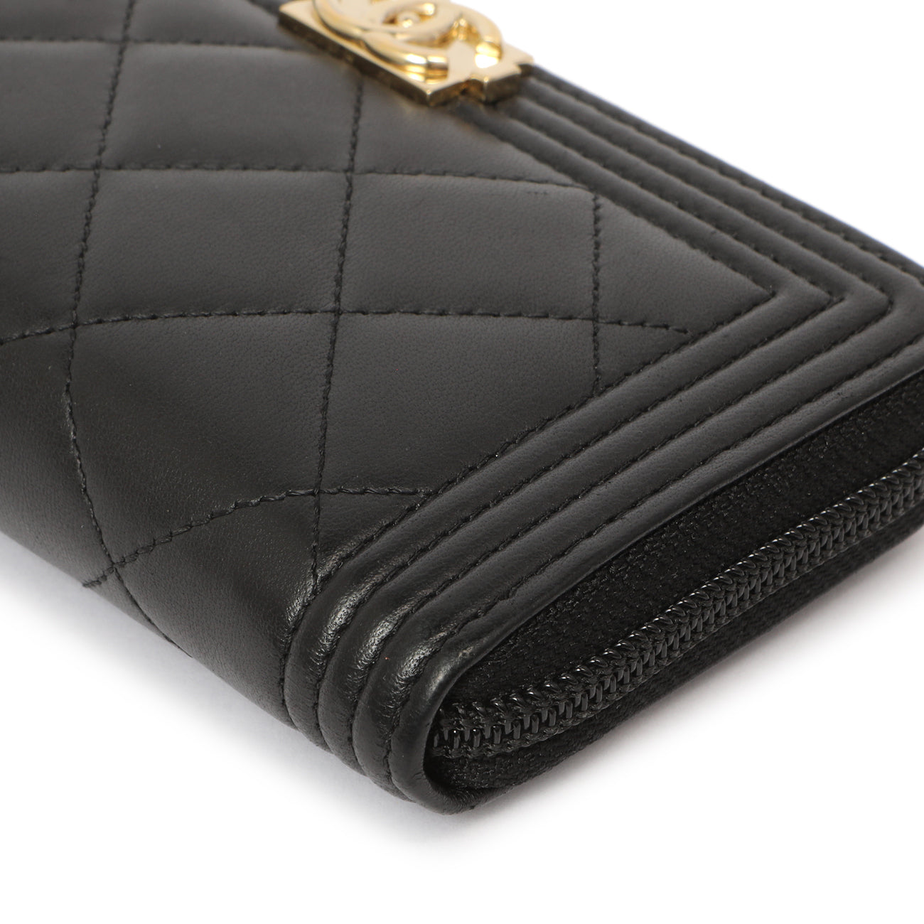 Exclusive Chanel Black Quilted Lambskin Small Boy Zip Around Wallet — Detail View
