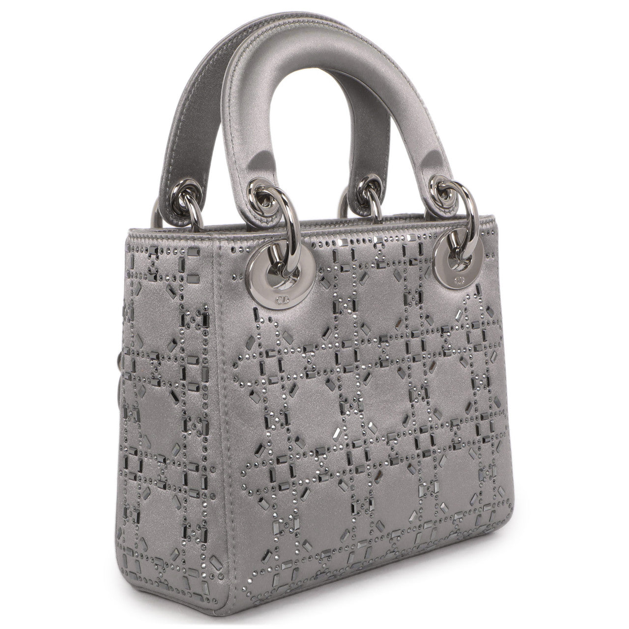 Exclusive Christian Dior Grey Satin Crystal Cannage  Mini Lady Dior — Side View