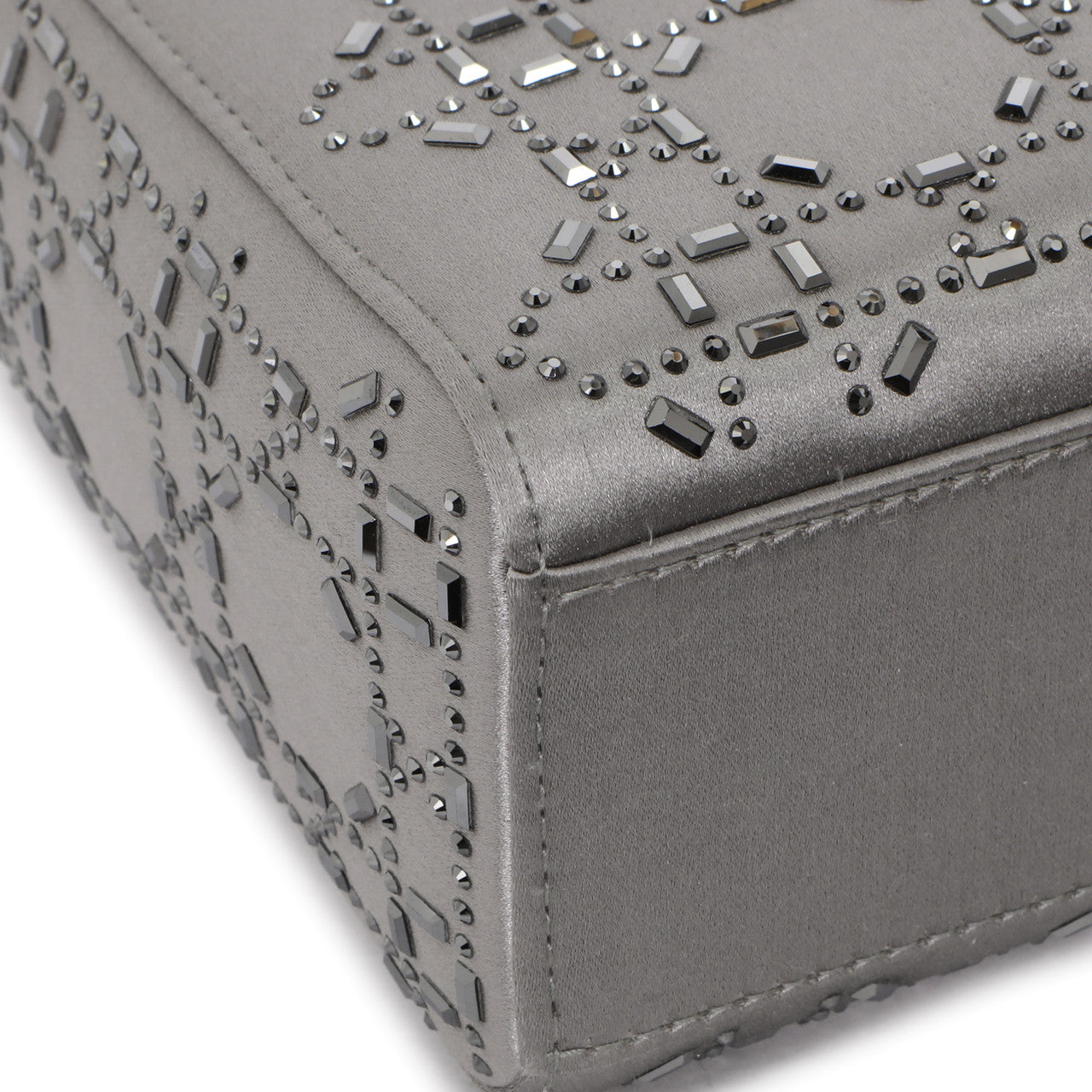 Exclusive Christian Dior Grey Satin Crystal Cannage  Mini Lady Dior — Top View
