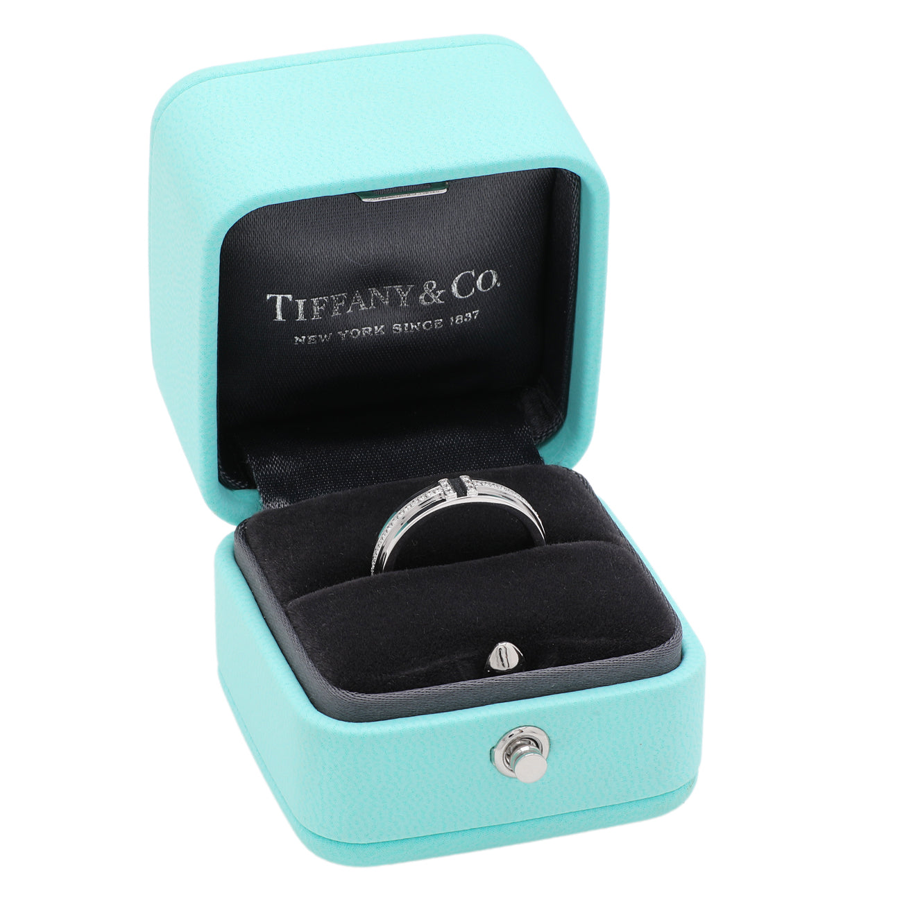 Exclusive Tiffany & Co. 18K White Gold Diamond Narrow T Ring — Detail View