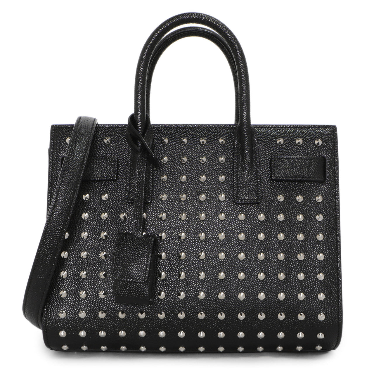 Exclusive Saint Laurent Black Studded Calfskin Nano Sac De Jour — Front View