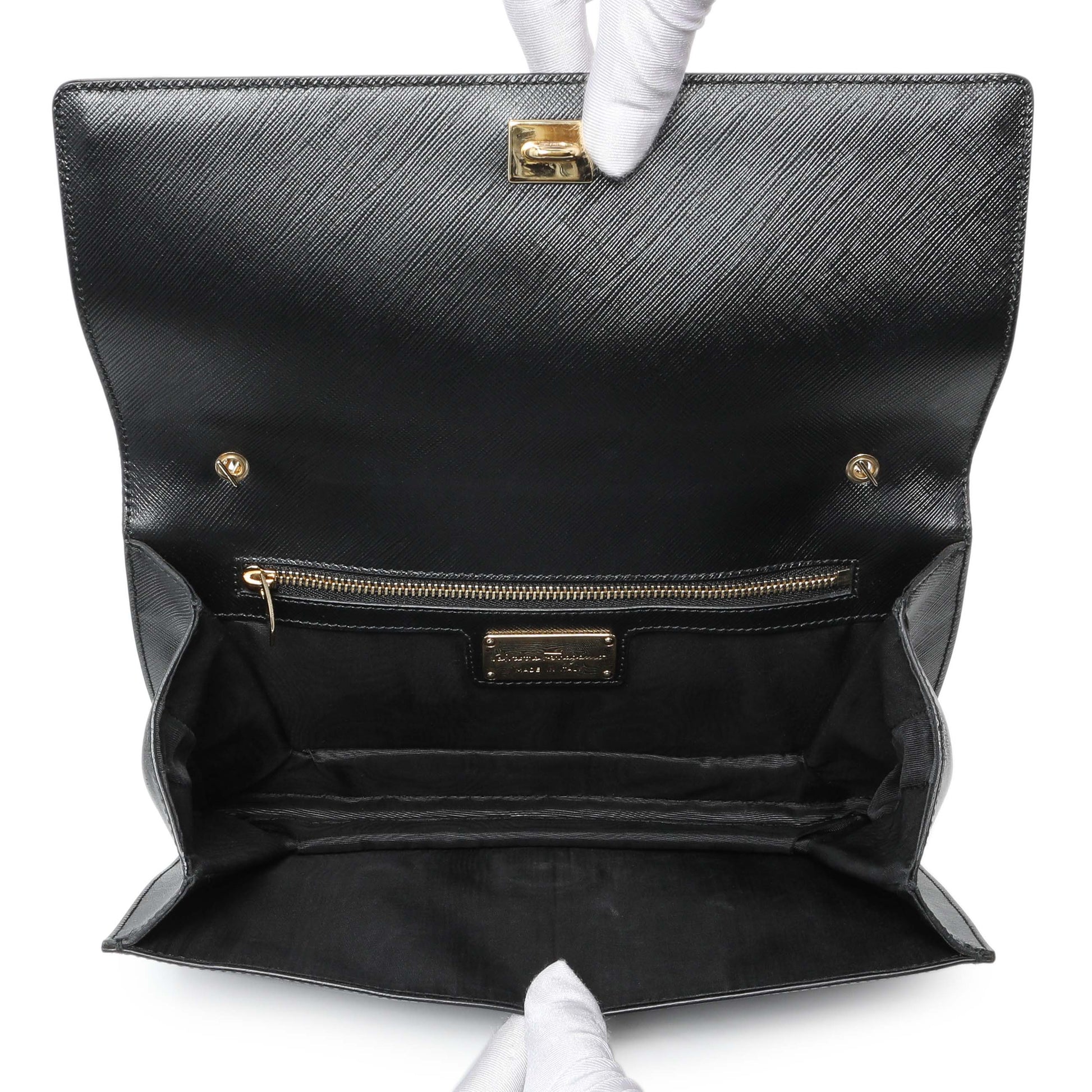 Exclusive Salvatore Ferragamo Black Calfskin Vara Bow Chain Flap Crossbody — Top View