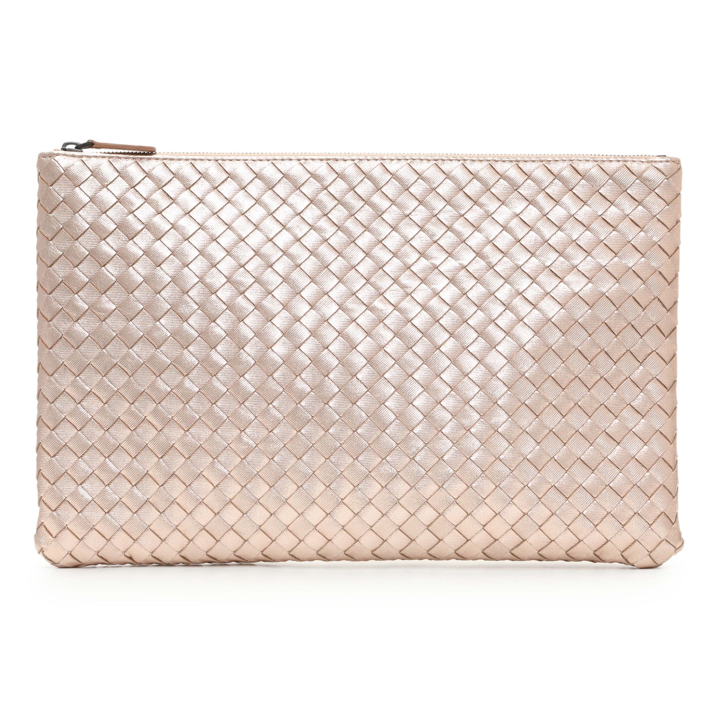 Exclusive Bottega Veneta Metallic Pink Nappa Intrecciato Zipped Flat Pouch — Front View