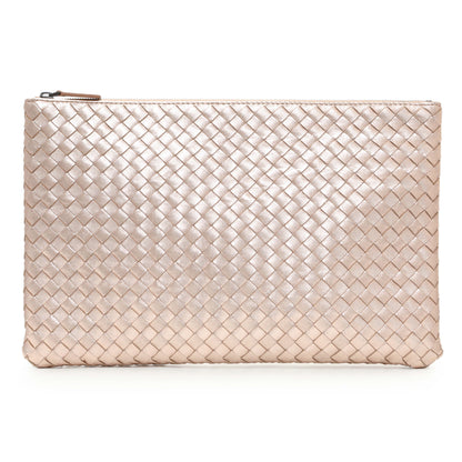 Exclusive Bottega Veneta Metallic Pink Nappa Intrecciato Zipped Flat Pouch — Front View