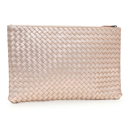 Exclusive Bottega Veneta Metallic Pink Nappa Intrecciato Zipped Flat Pouch — Side View