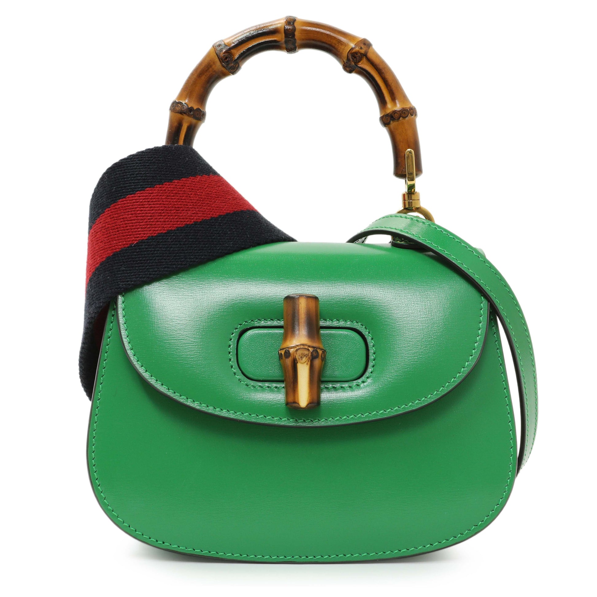 Exclusive Gucci Green Calfskin Mini Bamboo 1947 Top Handle Bag — Front View