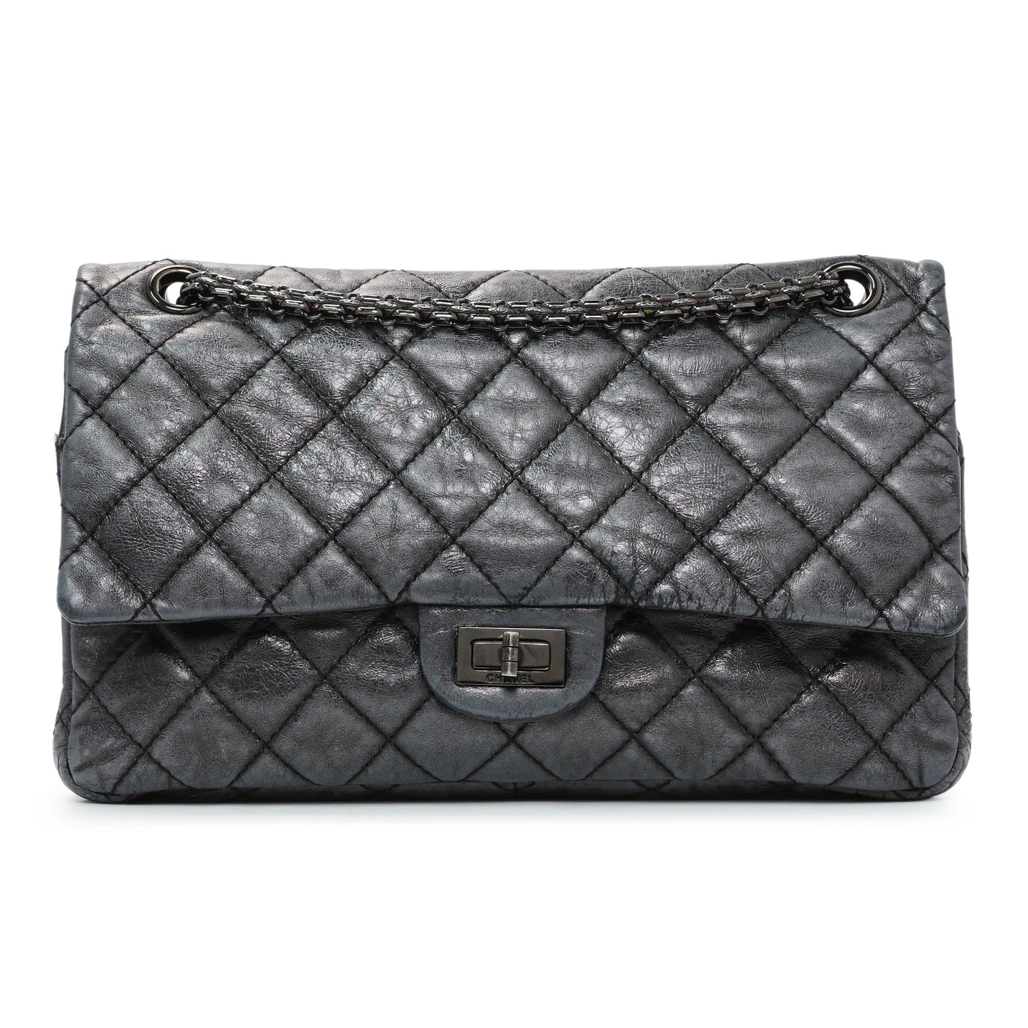 Exclusive Chanel Charcoal Grey Metallic Aged Calfskin 2.55 Reissue Double Flap 227 — Front View