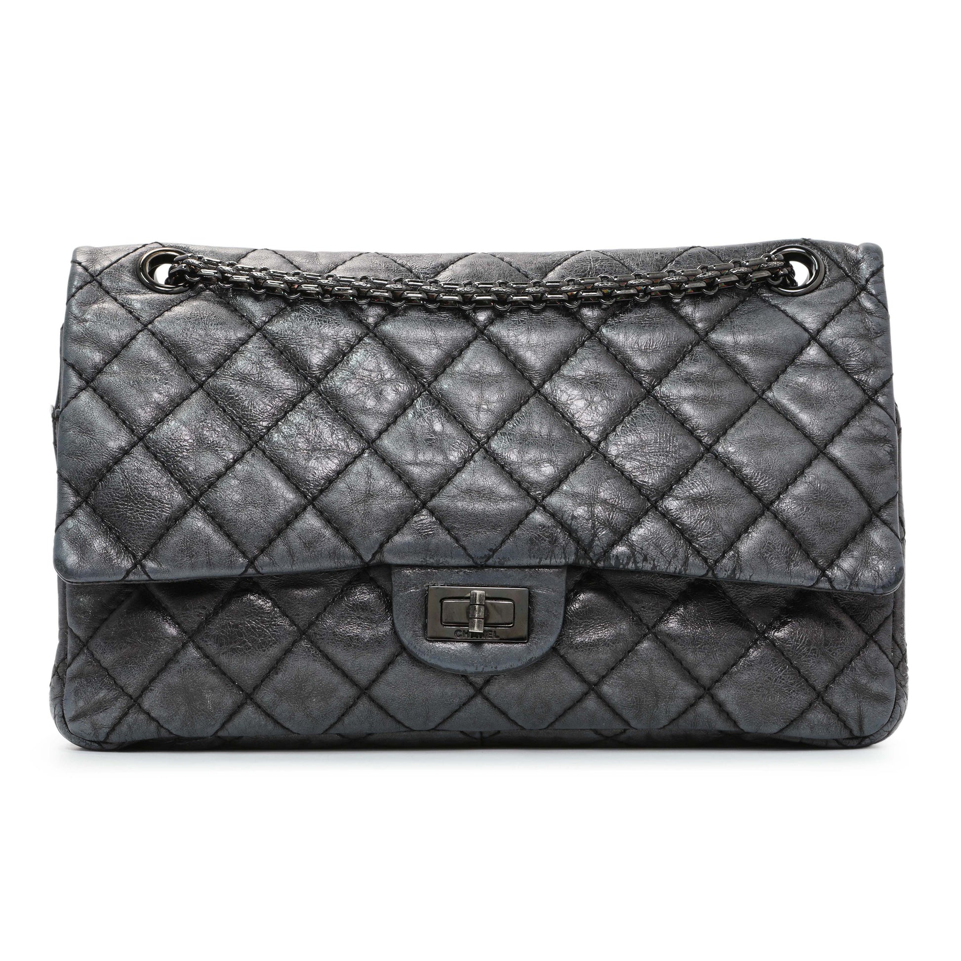 Exclusive Chanel Charcoal Grey Metallic Aged Calfskin 2.55 Reissue Double Flap 227 — Front View