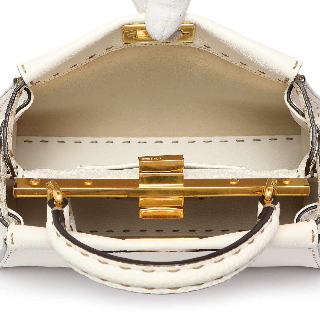 Exclusive Fendi White Cuoio Romano Selleria Mini Peekaboo Iconic Satchel — Detail View