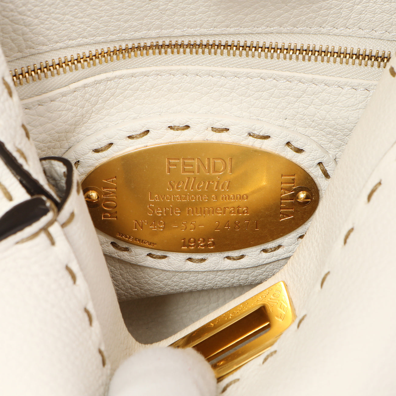Exclusive Fendi White Cuoio Romano Selleria Mini Peekaboo Iconic Satchel — Lifestyle View