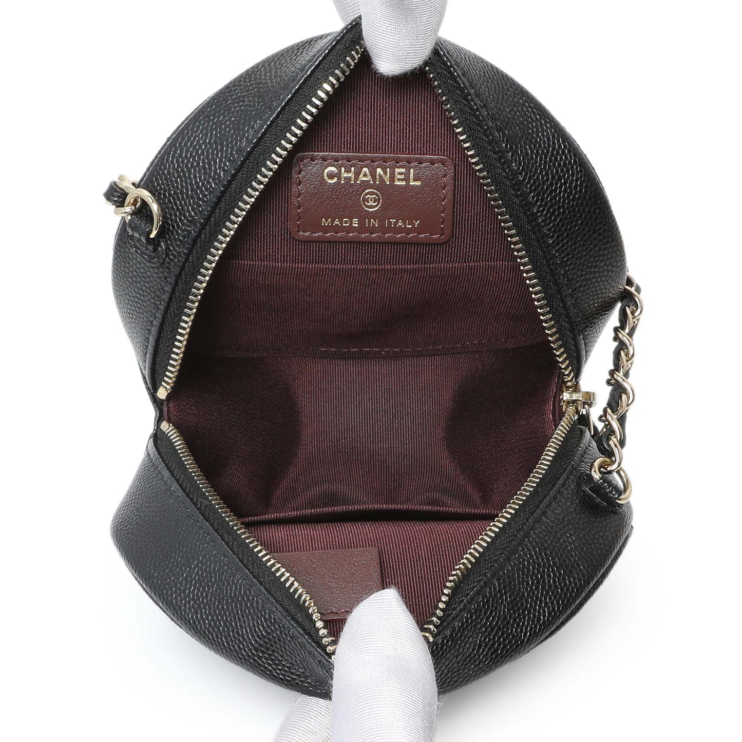 Exclusive Chanel Black Quilted Caviar Round Clutch With Chain — Detail View