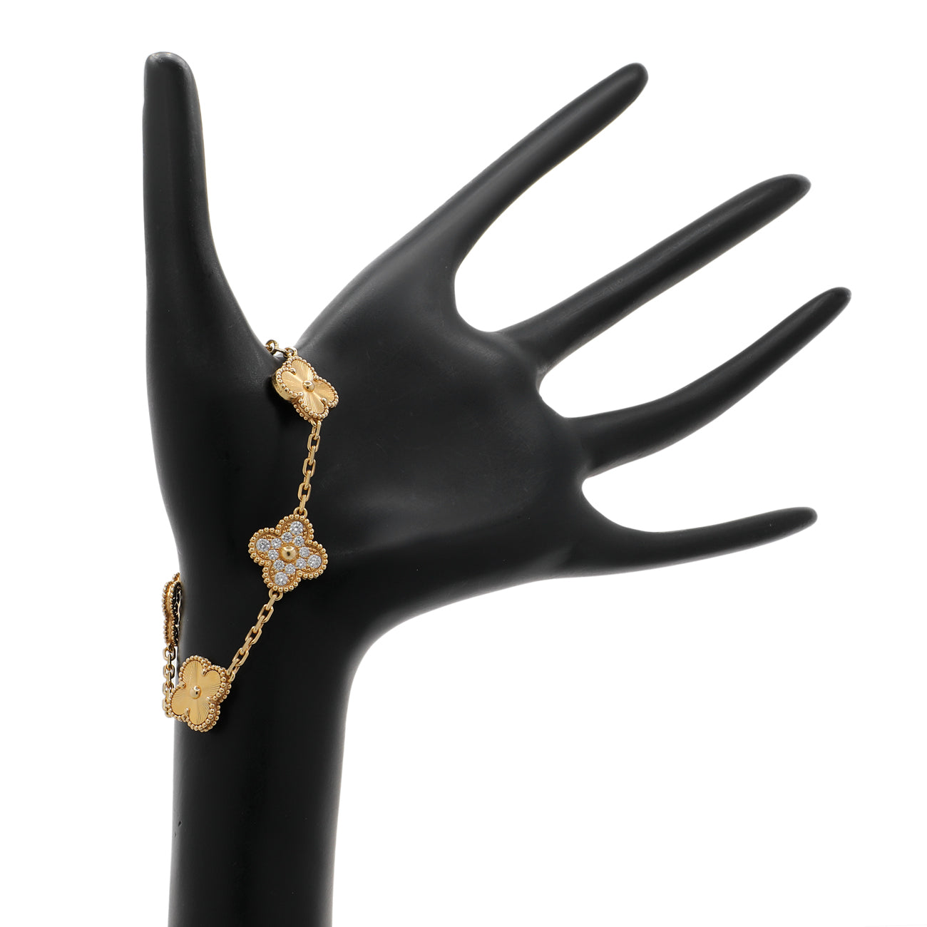 Exclusive Van Cleef & Arpels 18K Yellow Gold Diamond 5 Motifs Vintage Alhambra Bracelet — Detail View