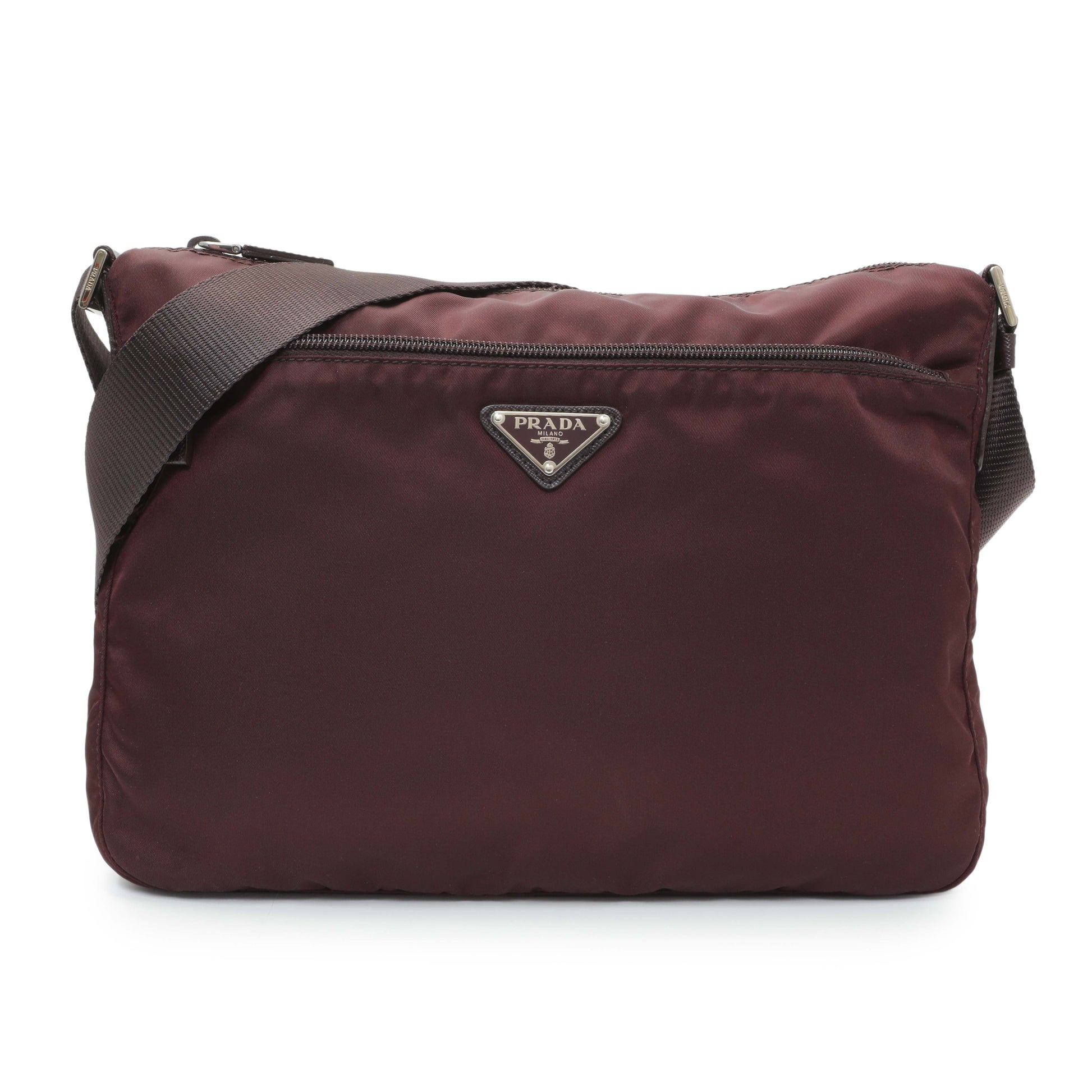 Exclusive Prada Burgundy Tessuto Nylon Messenger Bag — Front View