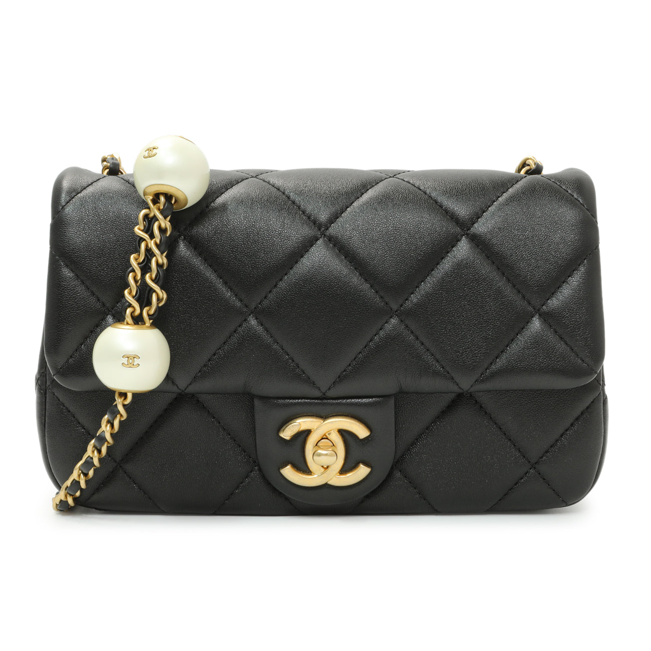Exclusive Chanel Black Quilted Lambskin Pearl Small Flap — Front View