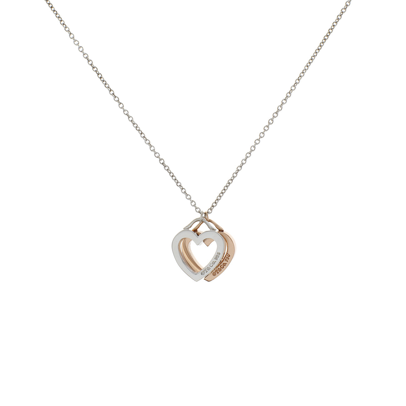 Exclusive Tiffany & Co. Sterling Silver 18K Rose Gold Double Open Heart Pendant Necklace — Side View