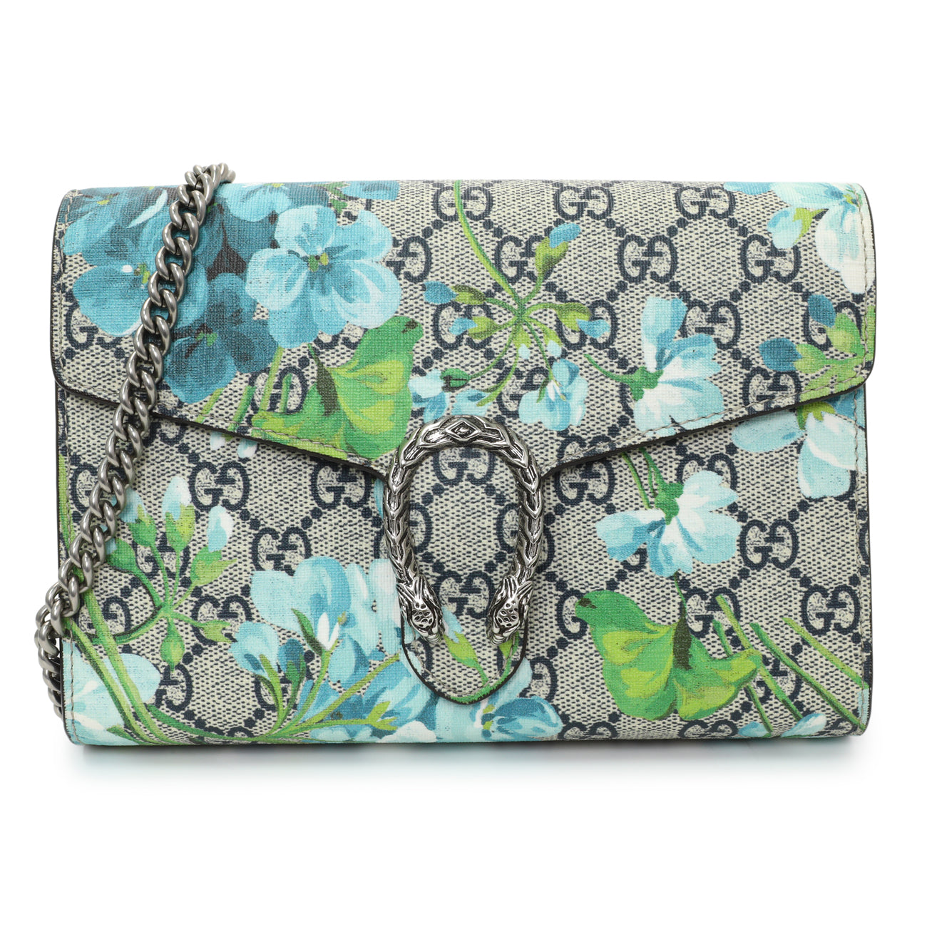 Exclusive Gucci GG Supreme Monogram Blooms Mini Dionysus Chain Wallet — Front View